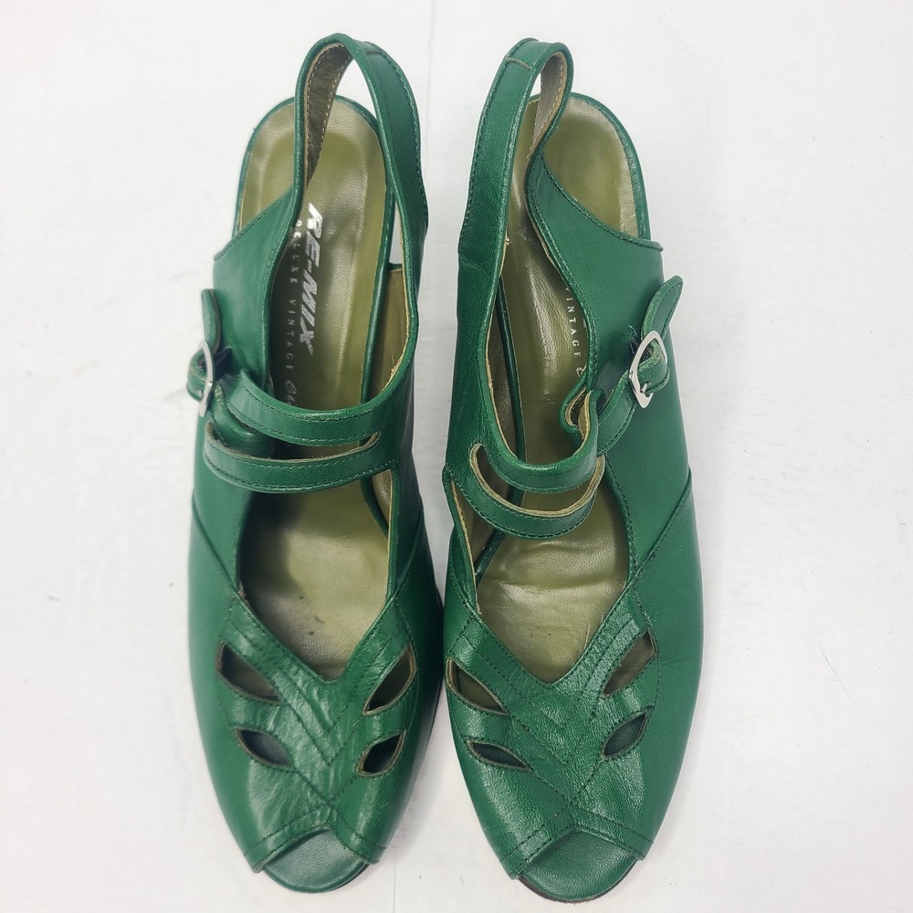 Re Mix Retro Style Shoes Green Leather Heels Peep Toe Pin Up Girl Rockabilly - Picture 6 of 9